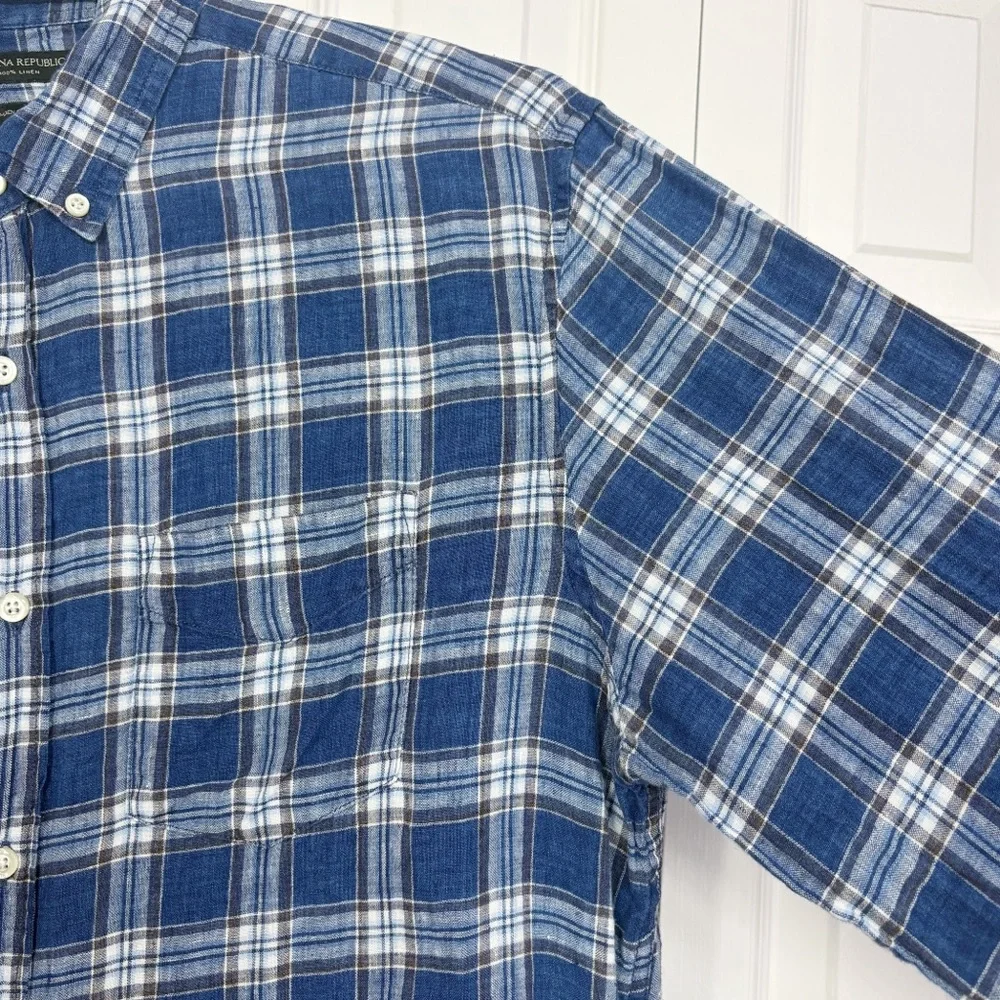Banana Republic Blue Plaid 100% Linen Camden Standard Fit Shirt Large